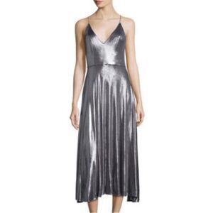 Halston Heritage Metallic Dress Midi Sleevless Size 4 Cocktial Party V Neck